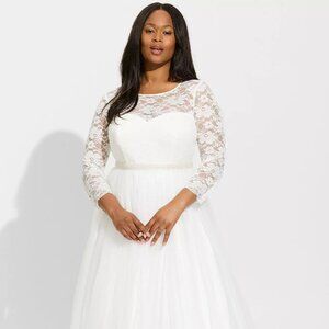 Ivory Lace & Tulle Beaded Sash A-Line Wedding Dress